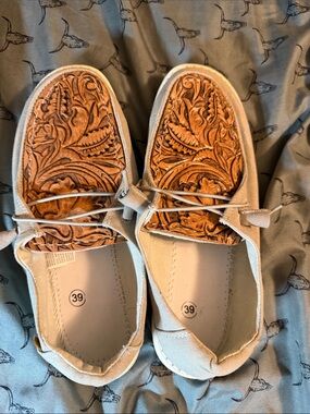 Hey Dude Women’s Slip-On Flats with Embossed Tan Leather Toe